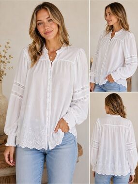 torrid White Eyelet Lace-Trim Button Down Blouse